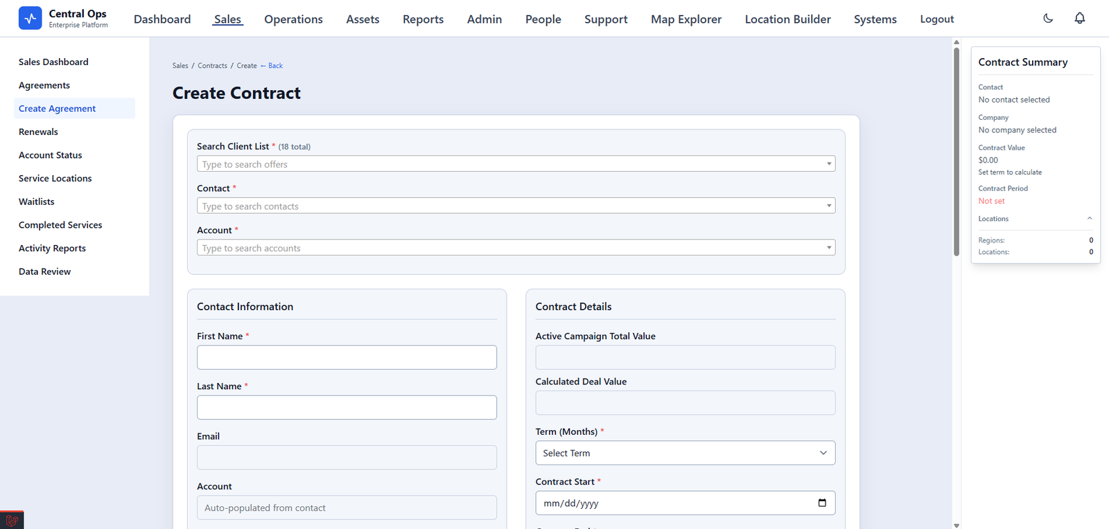 Central Ops contract creation interface