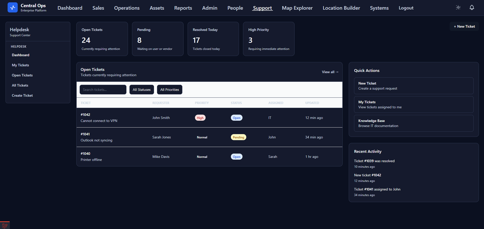 Central Ops help desk interface