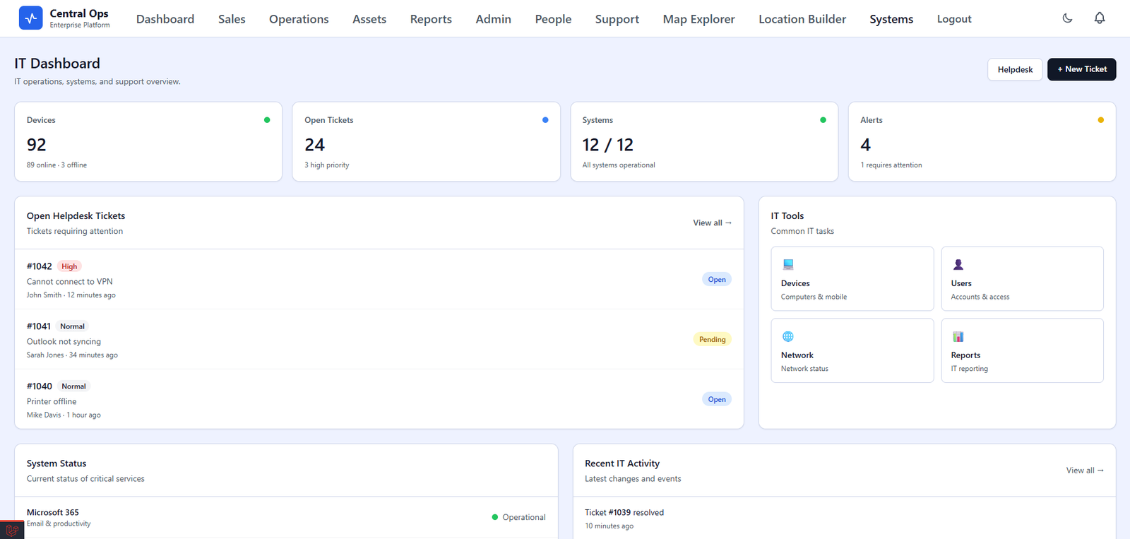Central Ops application interface