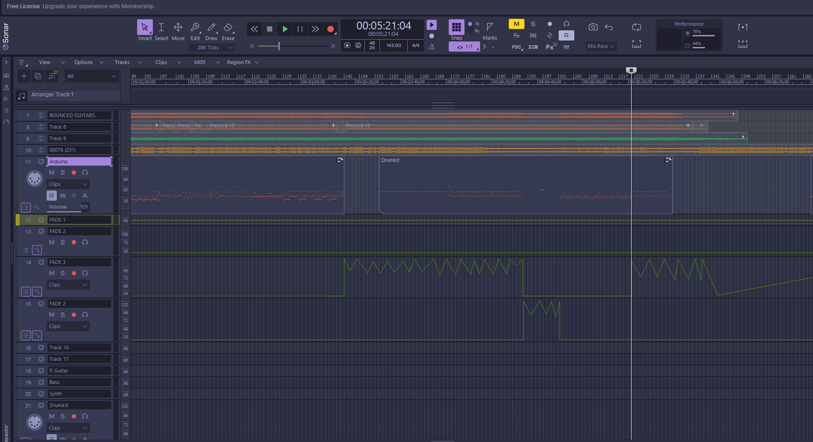Cakewalk project showing MIDI lighting cues programmed alongside the song